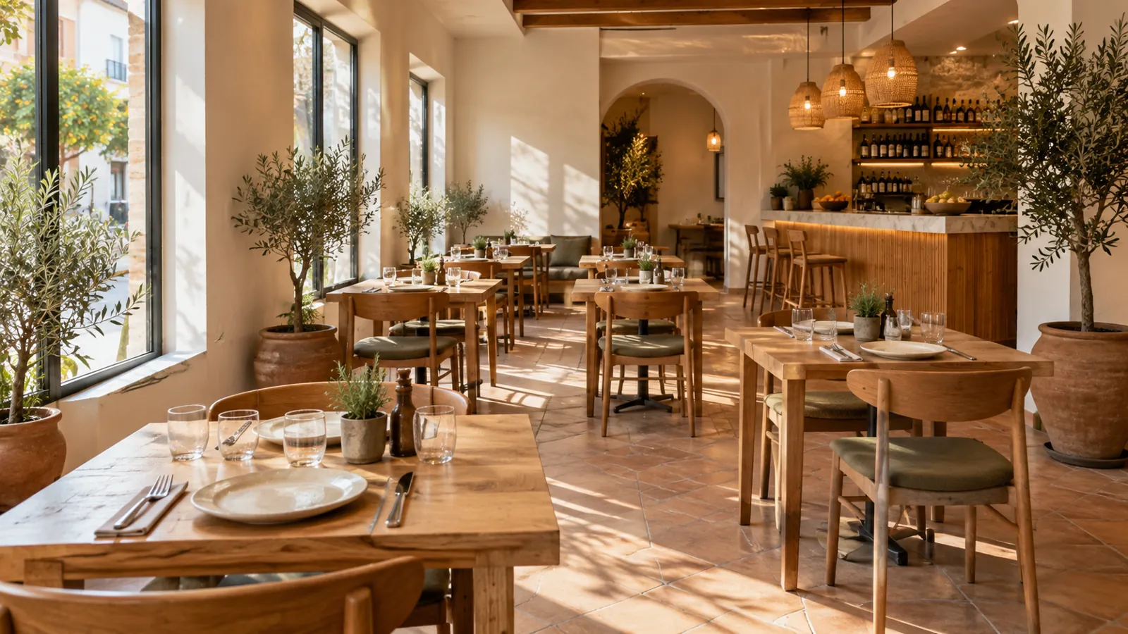Warm dining room with olive green seating and wooden tables