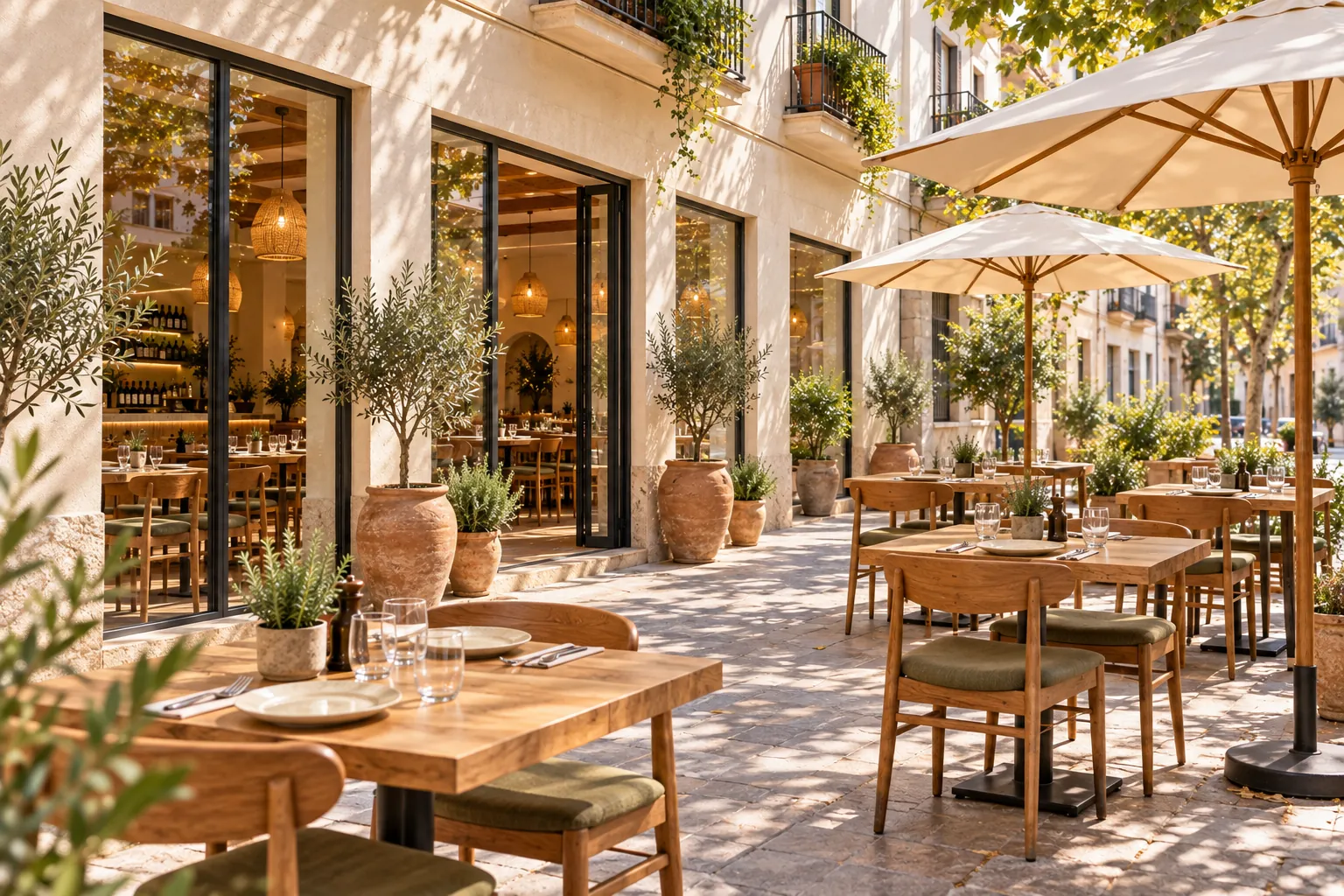 Olive trees and wooden tables on the restaurant terrace